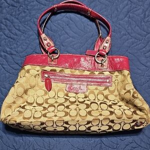 Coach Tan and Maroon Signature Shoulder Bag With COA